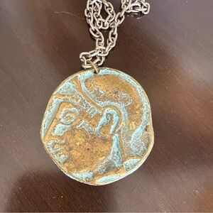 Brass Owl Boy Coin Pendant Necklace Vintage 14 Inch